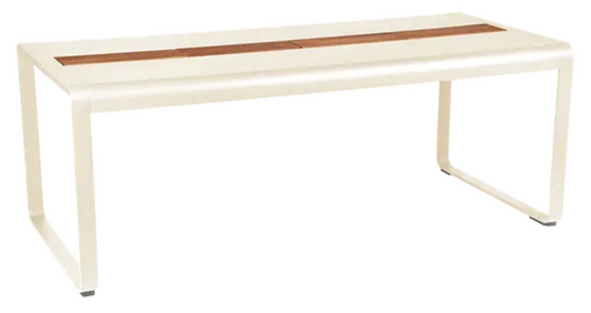 Fermob Bellevie outdoor dining table in wood and metal, 196x90 cm with storage, designed for eight seater outdoor dining.
