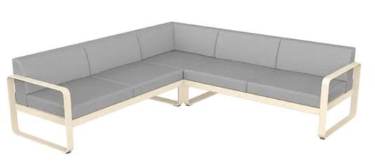 Fermob Bellevie Composition 2 outdoor lounge sofa set with grey latte-colored cushions and modular design for patio or garden.