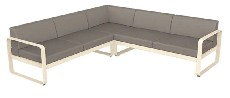 Load image into Gallery viewer, Latte grey and taupe Fermob Bellevie modular outdoor sofa set with comfortable cushions and sleek design.

