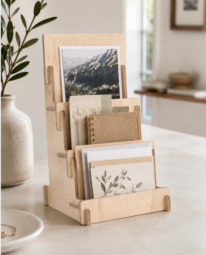 Load image into Gallery viewer, Esposit Step 3 Counter Items Holder countertop display with multiple letter holders for organizing documents and mail.
