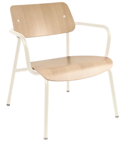 Light beige Fermob Studie Oak Lounge Armchair with metal frame, suitable for office or lounge use, showcasing a modern design.