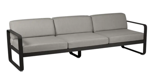 Grey taupe Fermob Bellevie 3-seater outdoor sofa with metal frame, stylish and durable for outdoor contract furniture.