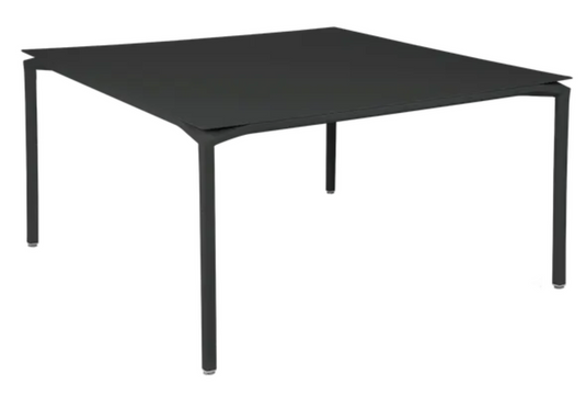 Fermob CALVI square dining table in Liquorice with 140x140 cm tabletop, eight-seater metal design, suitable for modern dining spaces.