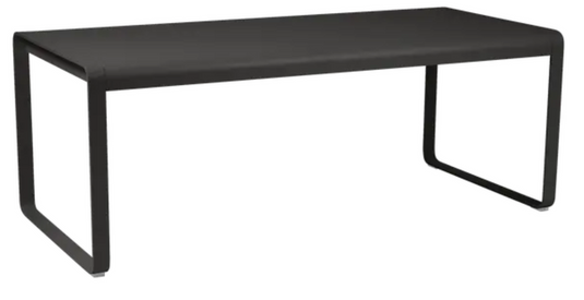Fermob Bellevie outdoor metal dining table in Liquorice color, 196 x 90 cm, ideal for eight-seater outdoor dining.