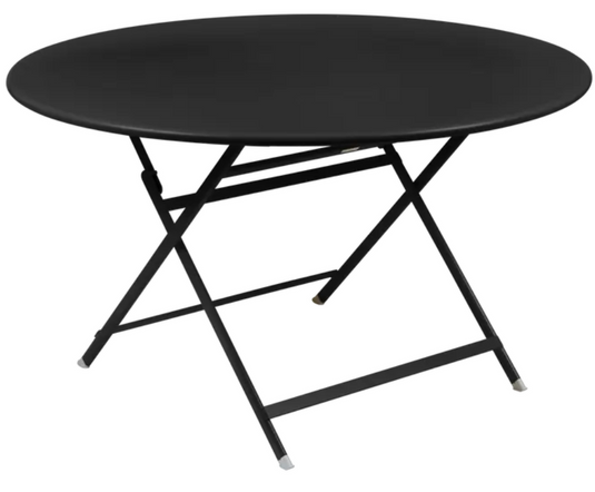 Fermob Caractère foldable metal table with 128 cm diameter, ideal for eight-seater outdoor dining, in Liquorice color.