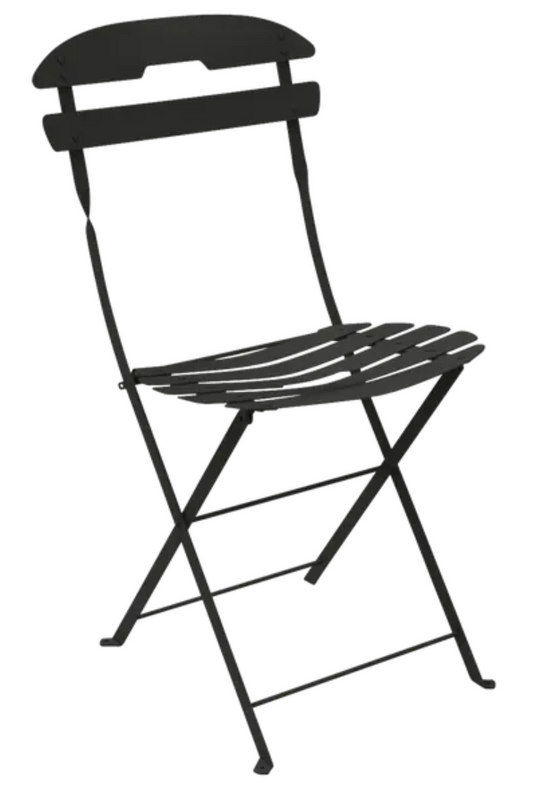 Fermob La Môme Chai folding chair in liquorice color, lightweight and foldable outdoor patio furniture for versatile seating.