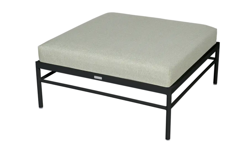 Load image into Gallery viewer, Fermob Rivage outdoor ottoman in Liquorice Meadow Green with aluminum frame, designed for garden or patio lounging.
