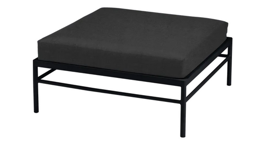 Fermob Rivage outdoor ottoman in Liquorice Night Grey with metal frame, featuring a modern lounge footstool design.