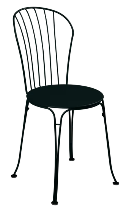 Load image into Gallery viewer, Fermob OPÉRA+ metal outdoor chair in liquorice color with a sleek, curved design for outdoor seating and restaurant use.
