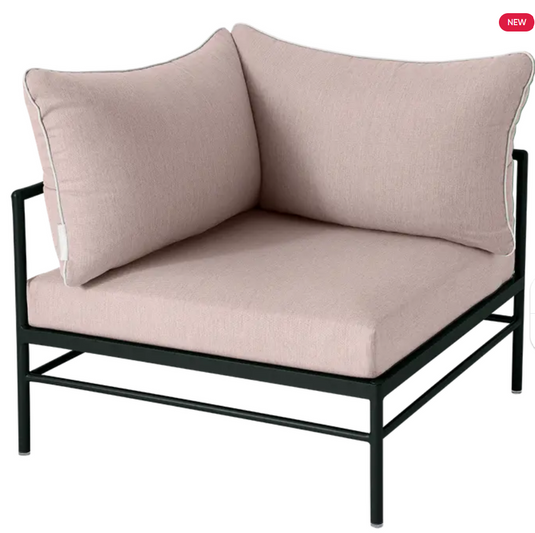 Fermob Rivage Corner Armchair in Liquorice and Papyrus with metal frame for outdoor corner seating.