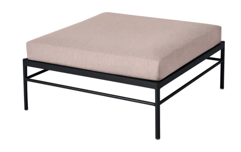 Load image into Gallery viewer, Fermob Rivage Ottoman outdoor furniture with a liquorice and papyrus fabric cover and aluminium frame, lounge footstool.
