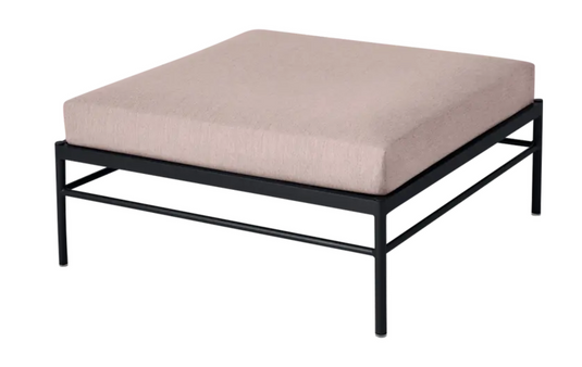 Fermob Rivage Ottoman outdoor furniture with a liquorice and papyrus fabric cover and aluminium frame, lounge footstool.