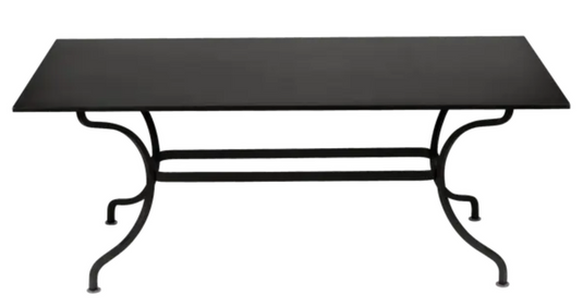 Fermob Romane table in liquorice color, 180x100 cm, designed for up to 8 guests, outdoor dining furniture.