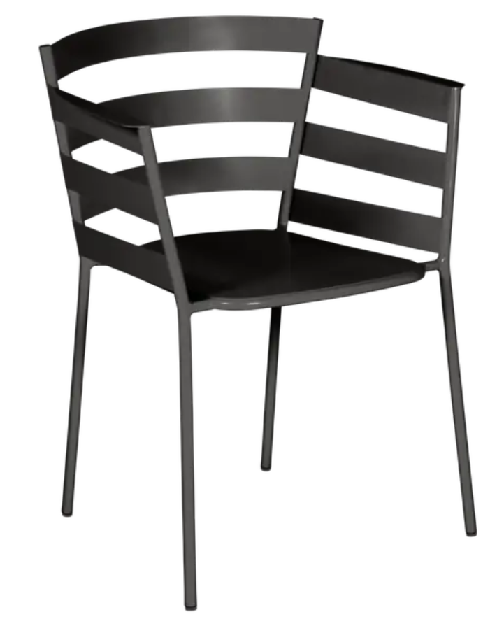 Load image into Gallery viewer, Fermob Liquorice RYTHMIC outdoor armchair with a curved metal frame and cushioned seat, ideal for outdoor relaxation.
