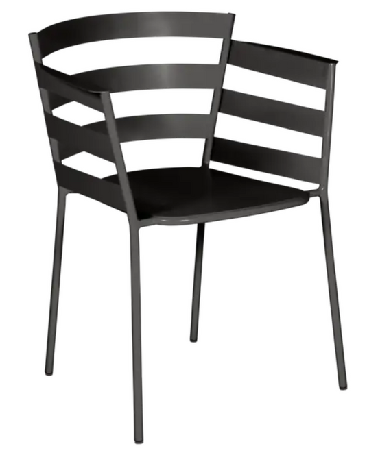 Fermob Liquorice RYTHMIC outdoor armchair with a curved metal frame and cushioned seat, ideal for outdoor relaxation.