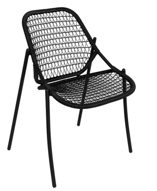 Liquorice-colored Fermob Sixties Stackable Knitted Chair, outdoor furniture with modern design and stackable feature.