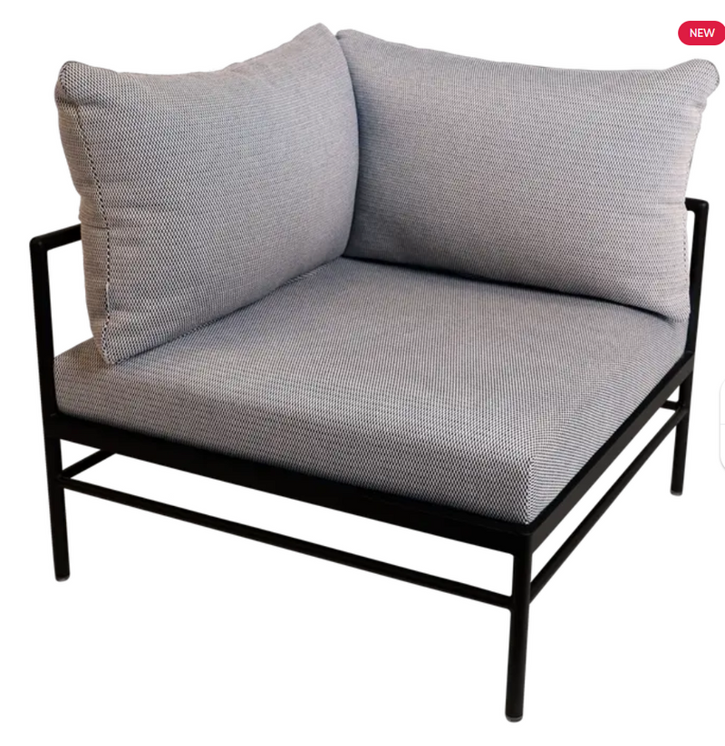 Load image into Gallery viewer, Fermob Rivage corner outdoor armchair with metal frame in Liquorice Straciatella color, featuring plush cushions and modern design.
