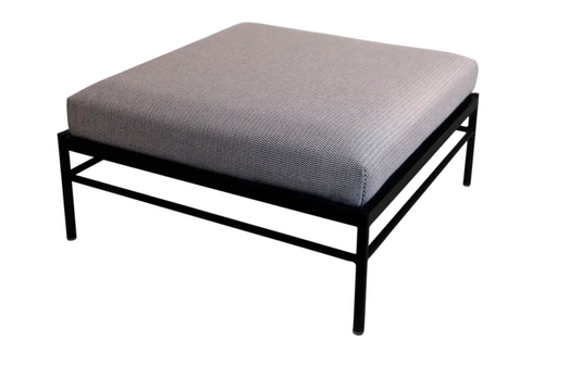 Fermob Rivage outdoor ottoman with metal frame, Liquorice Straciatella pattern, designed for outdoor lounge and foot support.