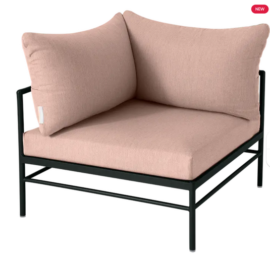 Fermob Rivage corner armchair with metal frame and liquorice twine upholstery, designed for outdoor corner seating.