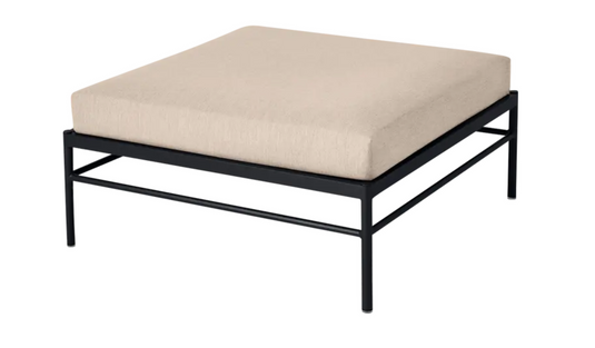Fermob Rivage outdoor ottoman with a liquorice twine fabric and aluminum frame, ideal as a lounge footstool in outdoor furniture.