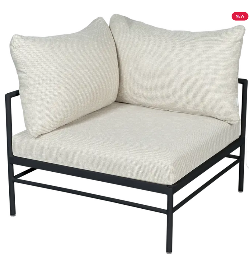 Load image into Gallery viewer, Fermob Rivage corner outdoor armchair with liquorice wicker and metal frame, designed for comfortable outdoor seating.
