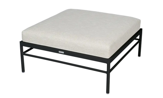 Fermob Rivage outdoor ottoman with Liquorice wicker, metal frame, perfect as a lounge footstool for stylish outdoor spaces.