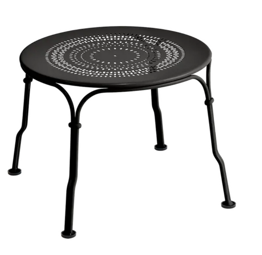 Fermob 1900 low table with a 45 cm diameter in Liquorice color, featuring metal construction for stylish outdoor or indoor use.