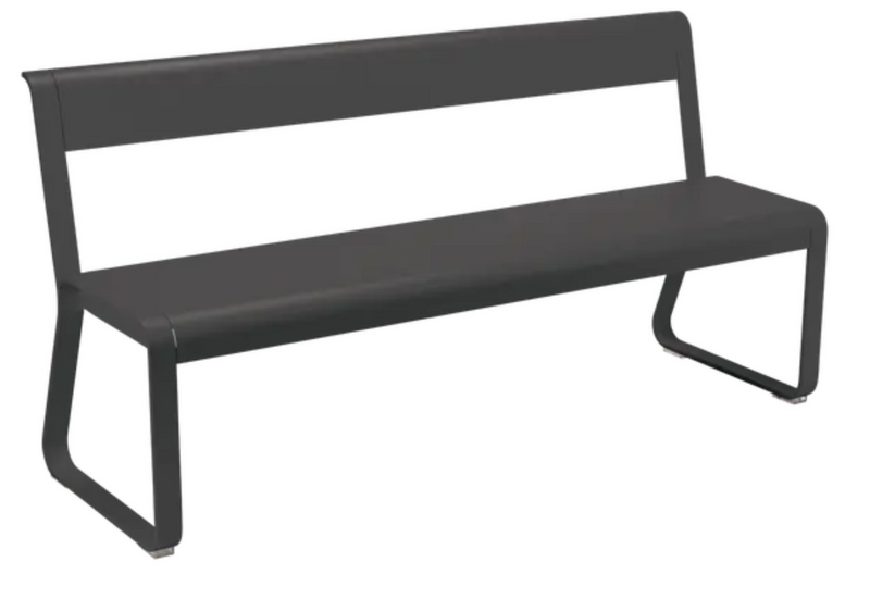 Load image into Gallery viewer, Fermob Bellevie outdoor bench with backrest in liquorice color, metal powder-coated finish, suitable for garden or patio spaces.
