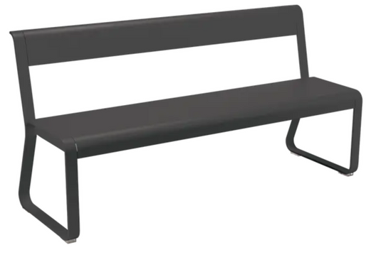Fermob Bellevie outdoor bench with backrest in liquorice color, metal powder-coated finish, suitable for garden or patio spaces.