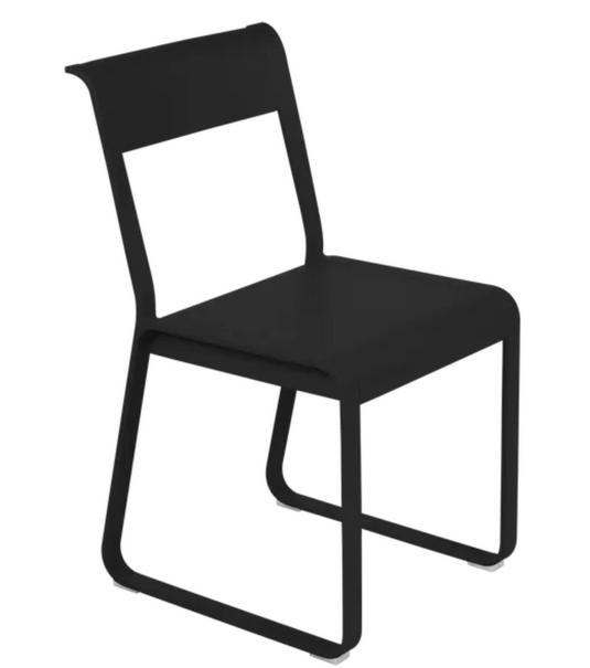 Fermob Bellevie V2 metal chair in liquorice color with a sleek outdoor design and curved armrests.