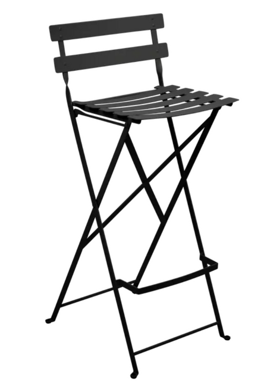 Fermob Liquorice Black and Grey foldable Bistro high bar stool for outdoor use, with a sleek modern design.