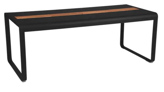 Fermob Bellevie outdoor dining table, 196x90cm, wood and metal, eight-seater with built-in storage in liquorice color.