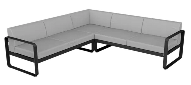 Load image into Gallery viewer, Fermob Bellevie Composition 2 outdoor lounge sofa set with grey liquorice and flannel cushions, modular design for outdoor seating.
