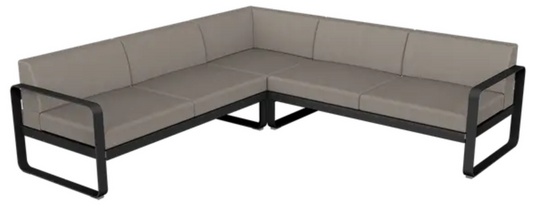 Fermob Bellevie Composition 2 outdoor sofa set with liquorice grey and taupe cushions, modular lounge chairs on patio.