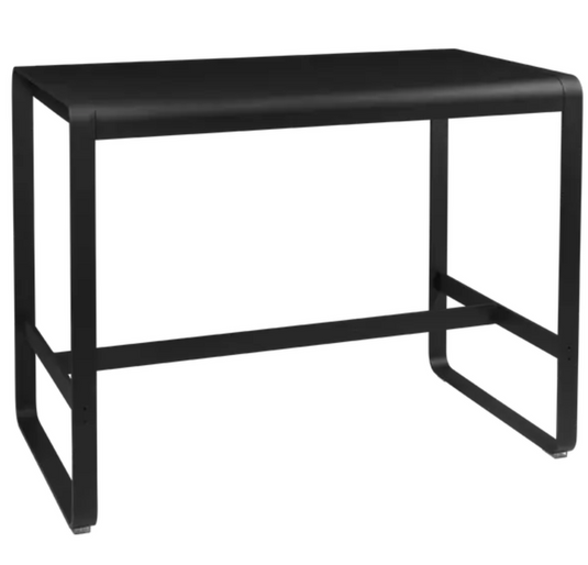 Fermob Bellevie high lounge table in Liquorice color, outdoor metal furniture with 140x80 cm tabletop.