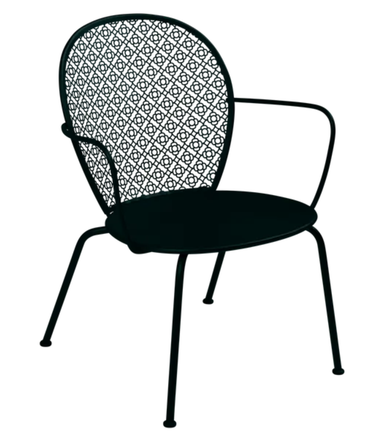 Load image into Gallery viewer, Fermob LORETTE low armchair with a metal frame, Liquorice color, designed for outdoor seating and stylish metal furniture.
