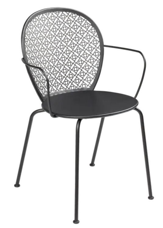 Fermob Lorette outdoor metal armchair in liquorice color, showcasing a stylish, durable garden chair with armrests and slatted design.