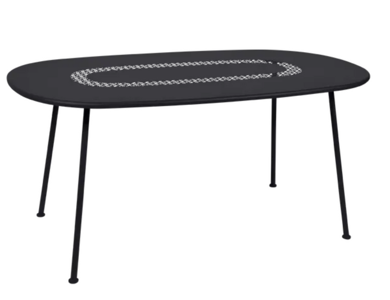 Load image into Gallery viewer, Fermob LORETTE oval metal outdoor dining table, 160x90 cm, with Liquorice finish, suitable for patio or garden spaces.
