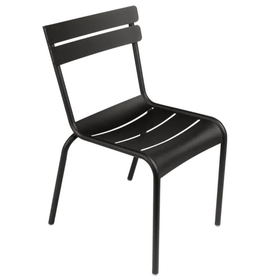 Fermob Luxembourg armchair in liquorice color, metal stackable chair with a modern design, suitable for indoor or outdoor use