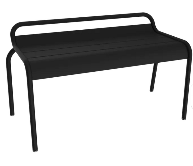 Load image into Gallery viewer, Fermob Luxembourg stackable outdoor bench in liquorice color, 90 cm long, with a metal frame and slatted seat.

