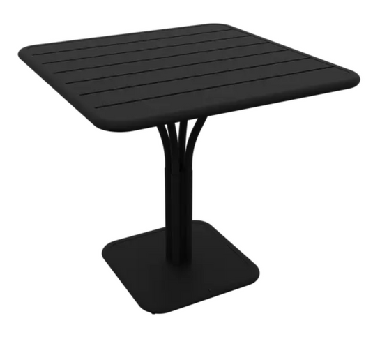 Fermob Luxembourg outdoor pedestal table in Liquorice color, 80x80 cm, with a modern square design and sturdy metal construction.