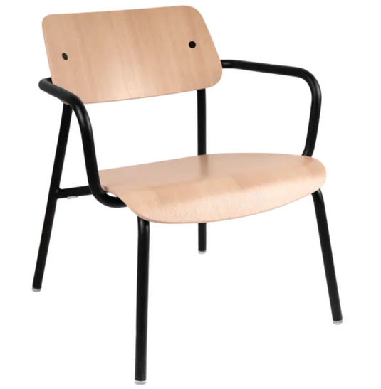 Fermob Studie Oak Lounge Armchair with metal frame and wooden seat, ideal for stylish office or lounge areas.
