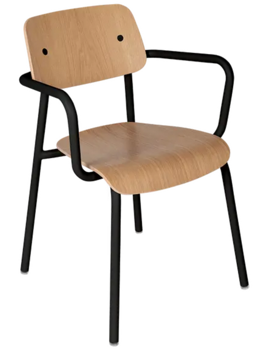 Fermob Studie Oak outdoor armchair with wooden frame and cushioned seat, designed for outdoor seating and relaxation.