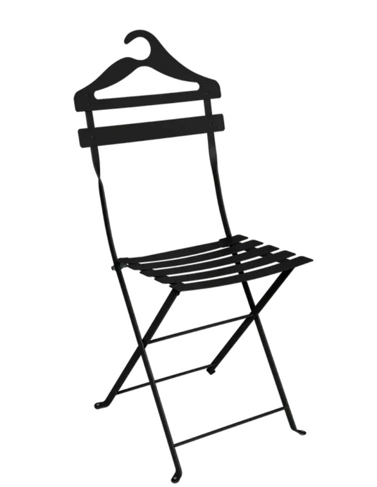 Fermob Liquorice Bistro Valet Chair, a foldable metal hanging chair with a stylish design suitable for indoor or outdoor use.