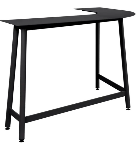 Fermob Bolder Corner Bar Stool in Liquorice with two-seater outdoor garden bench featuring foxed metal finish.
