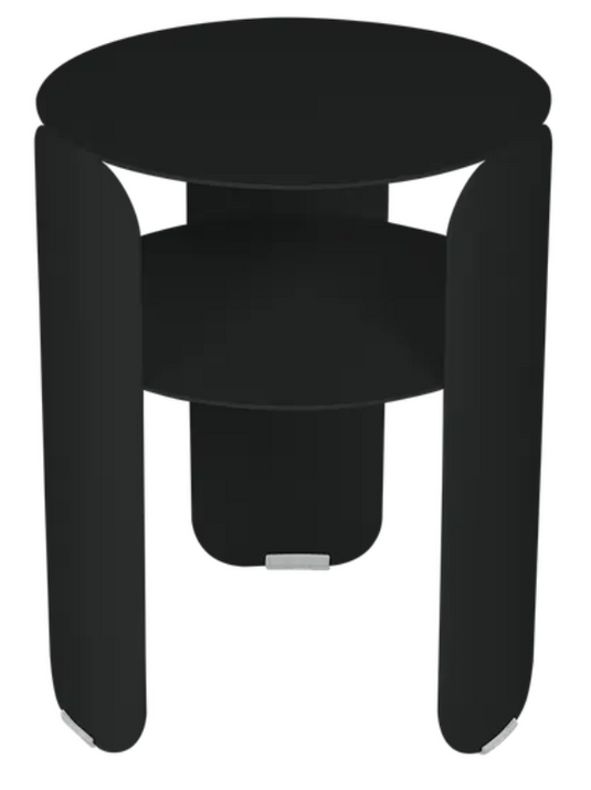 Black Fermob Bebop Side Table with a 35cm diameter, outdoor metal offset table with sleek liquorice black finish.