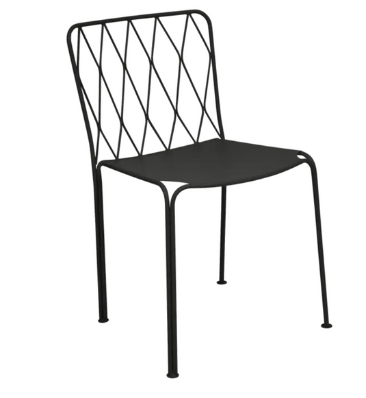 Fermob Kintbury stackable outdoor metal chair in liquorice white, designed for garden or patio seating, with a sleek metal frame.