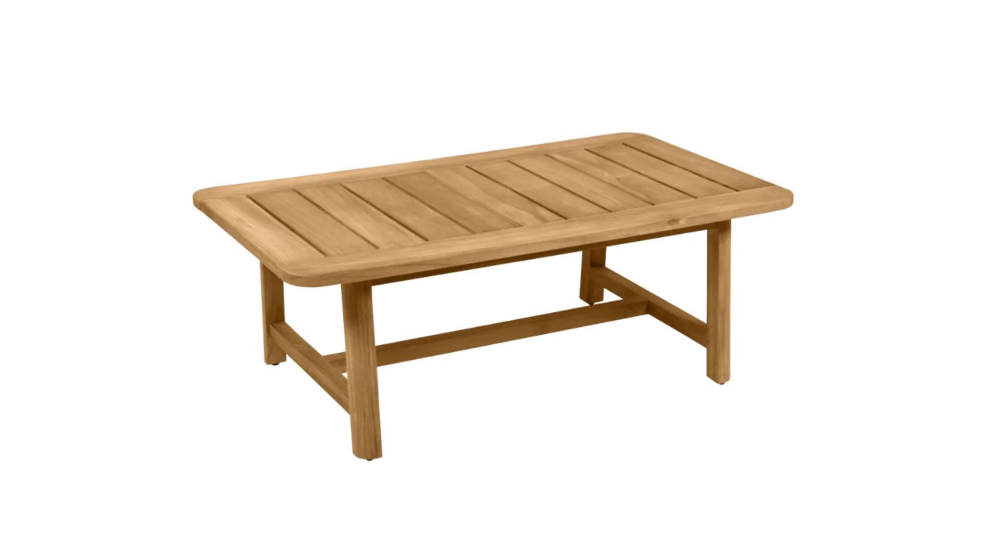 Solid teak low table by Vlaemynck, 110 x 65 cm, featuring a natural wood finish, perfect for hospitality or lounge settings.