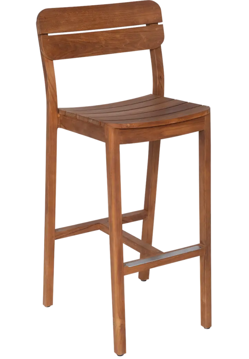 Load image into Gallery viewer, Lodge teak bar stool by Custom Wood Designs featuring a sturdy wooden frame and natural finish, suitable for restaurant or bar seating.
