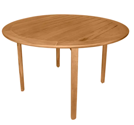 Fermob teak round outdoor table with a 120cm diameter, featuring a smooth wooden surface and sturdy legs for patio use